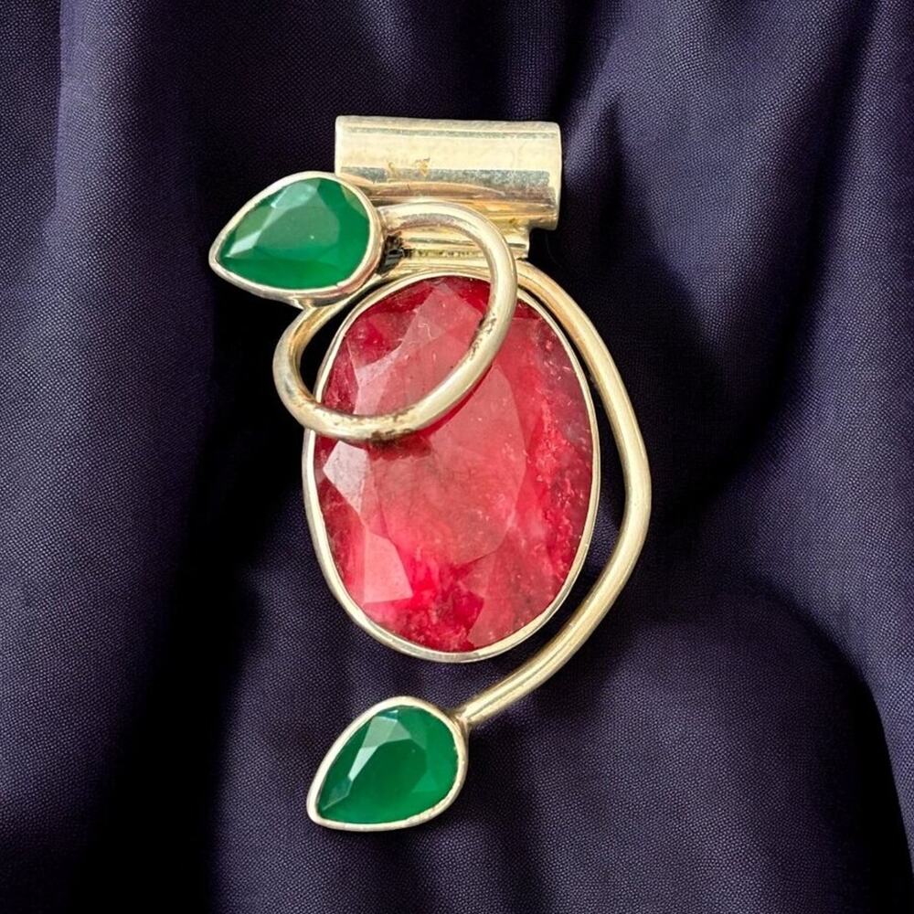 VTG Artisan Crafted Ruby Emerald Sterling Silver Statement Pendant  Stamped 925